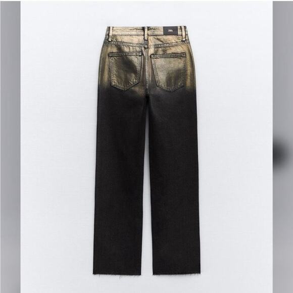 Zara Black and Metallic Gold HIGH WAIST Z1975 STRAIGHT LEG FOIL JEANS - Picture 11 of 11
